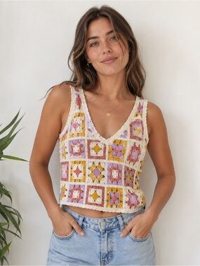 Rebellion Again Crochet Granny Square Knit Top Cottagecore boho Festival |Medium